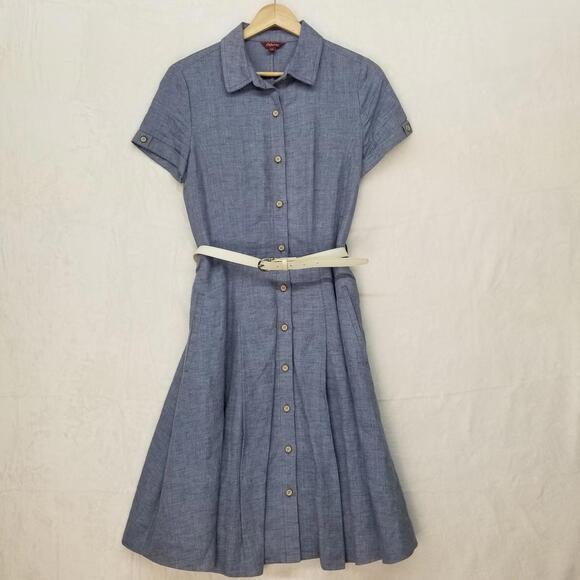 Osborne Linen Shirt Dress Womens US 10 Korean Size 55 Blue Short Sleeve Belted - Picture 14 of 14